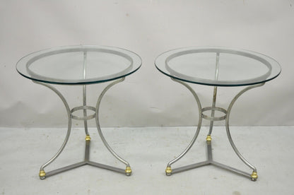 Italian Neoclassical Maison Jansen Brushed Steel Brass Round End Tables - a Pair