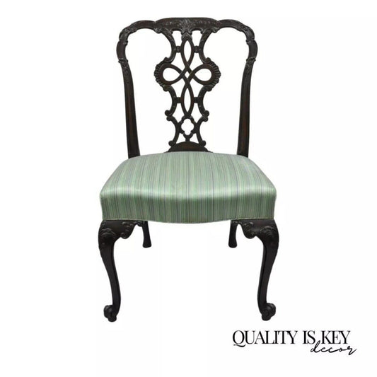 Antique Georgian Style Carved Ribbon Back Solid Mahogany Dining Side Chair (C)