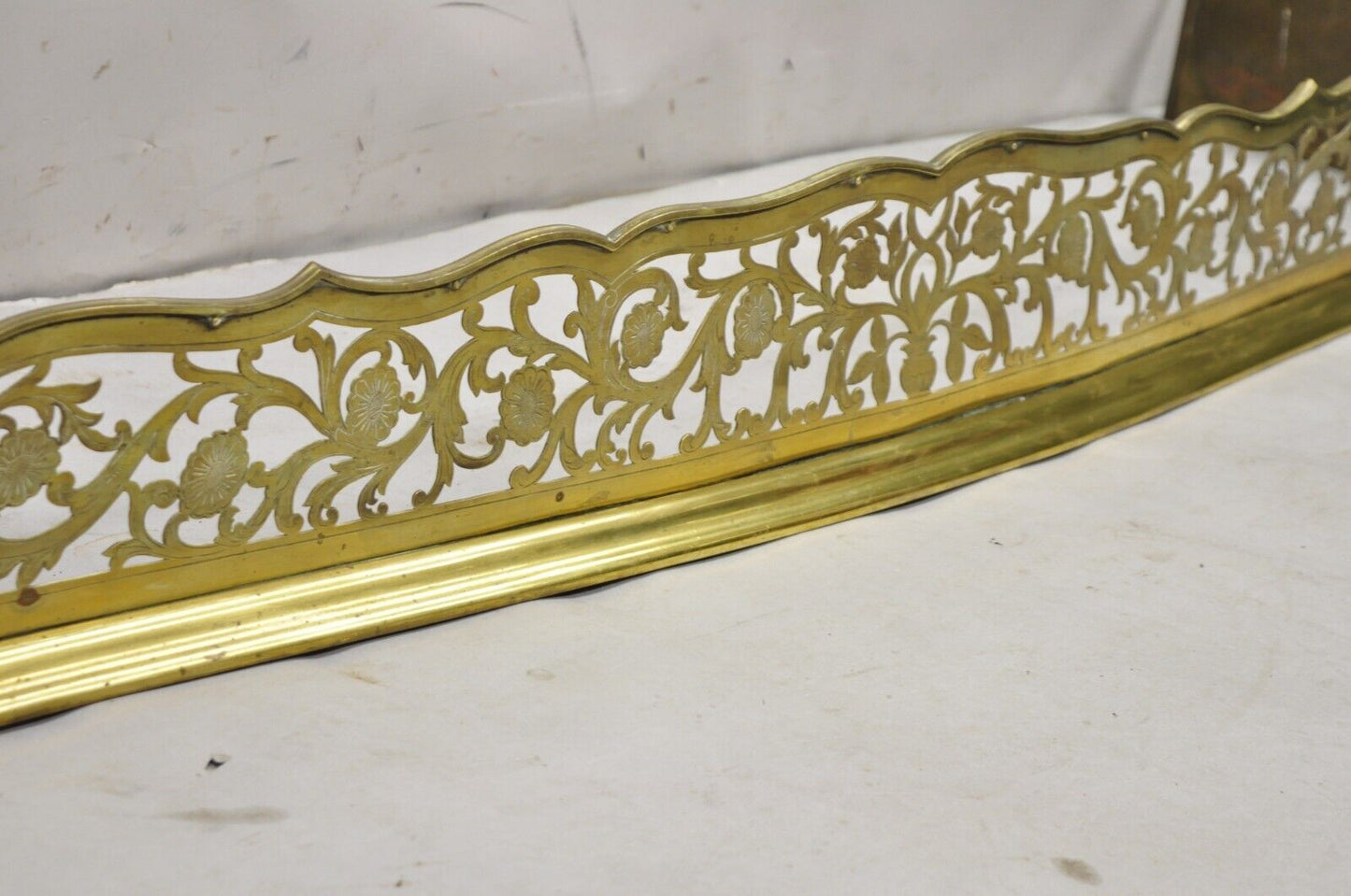 Antique French Renaissance Brass Figural Floral 67" Fireplace Surround Fender