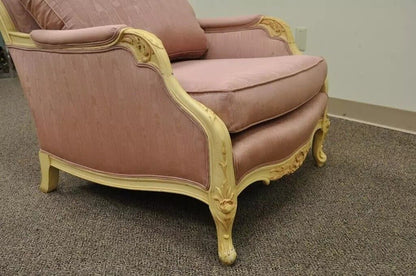 Vintage French Hollywood Regency Style Cream Carved Parlor Fireside Lounge Chair