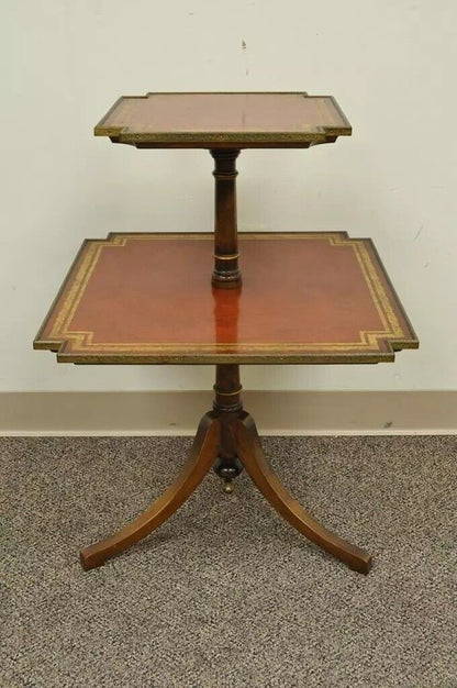 Vintage English Regency Style Mahogany Tooled Leather Two Tier Side Table