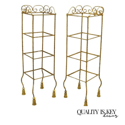 Italian Hollywood Regency Rope Tassel Gold 4 Tier Iron Display Rack Shelf - Pair