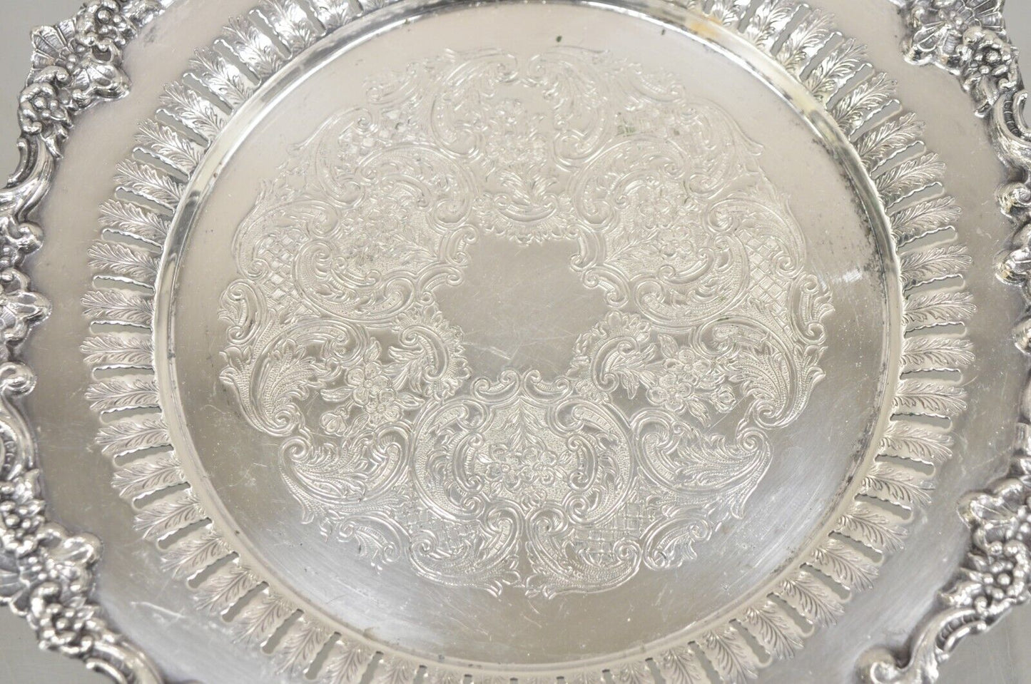 Vintage English Victorian Reticulated Silver Plated Round Footed Serving Tray