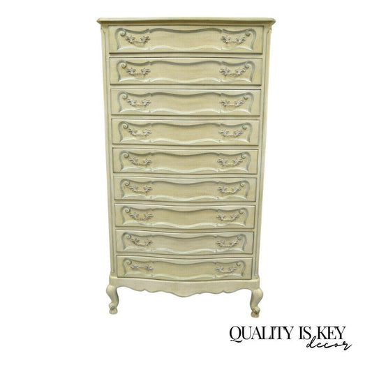 Vintage French Provincial Cream Blue Paint Tall Narrow Custom 65" Chest Dresser