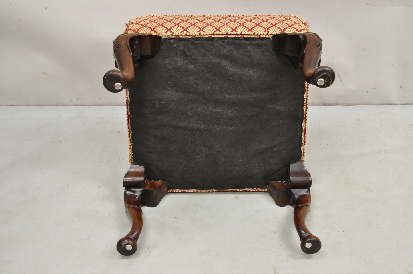 English Queen Anne Style Carved Walnut Square Upholstered Ottoman Footstool