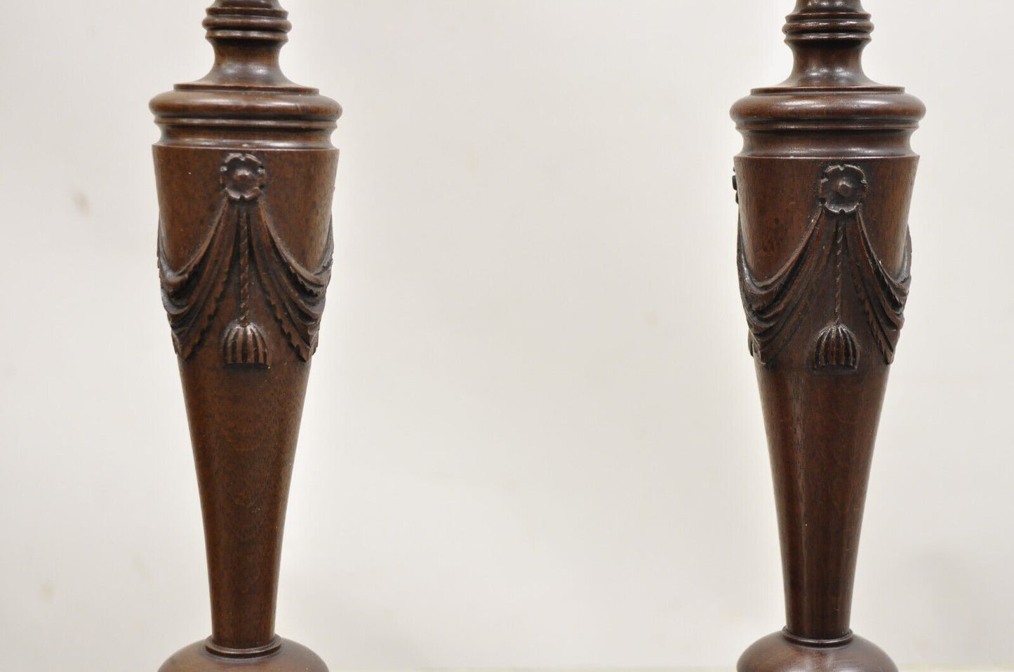 Antique English Edwardian Carved Mahogany Draped Single Candle Stick - Pair