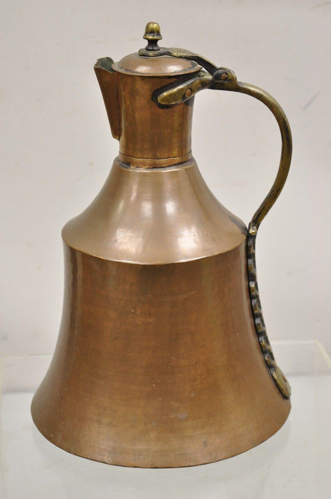 Antique 19th C. Turkish Hand Hammered Copper Lidded Pitcher Pot Large Jug