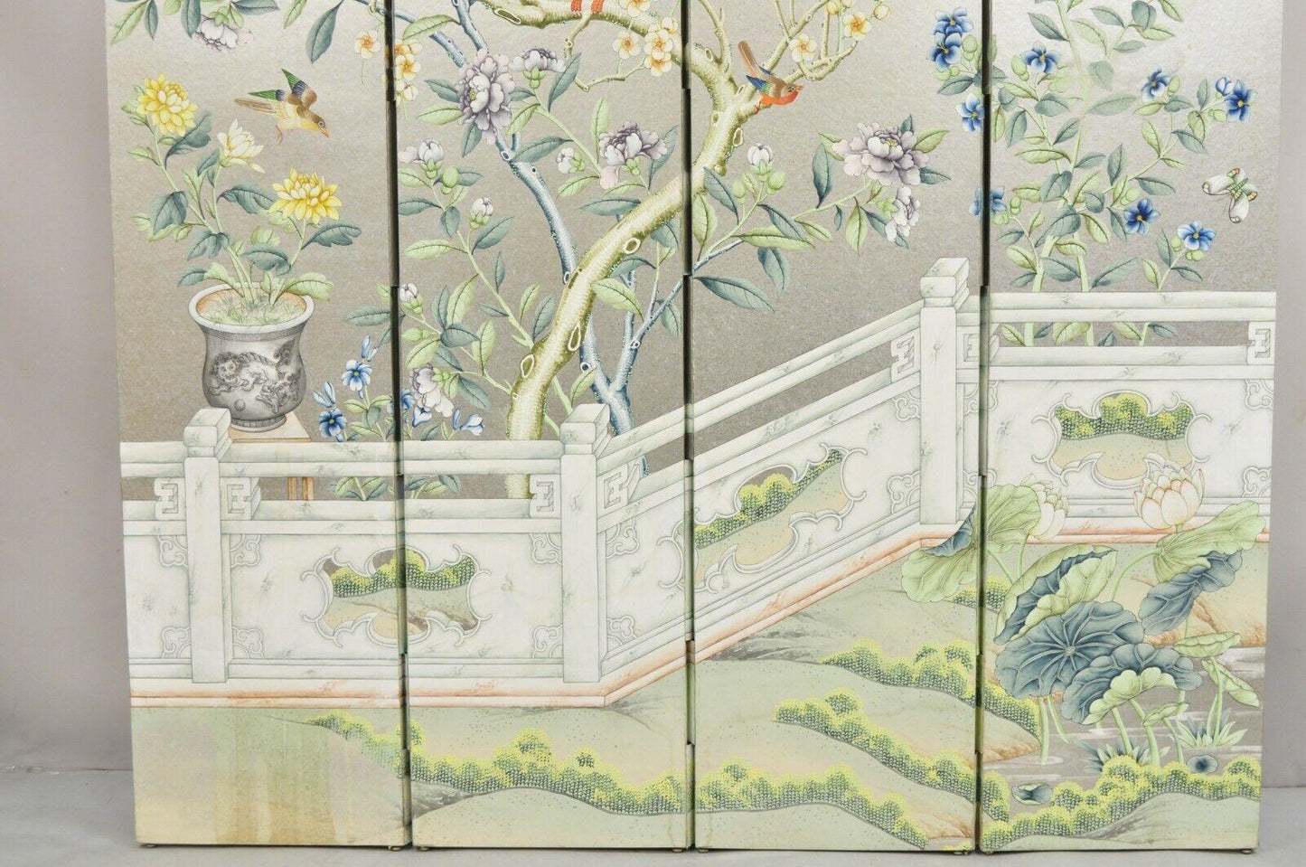 Vintage Chinoiserie Silver Leaf Birds Butterflies 4 Panel Screen Room Divider A