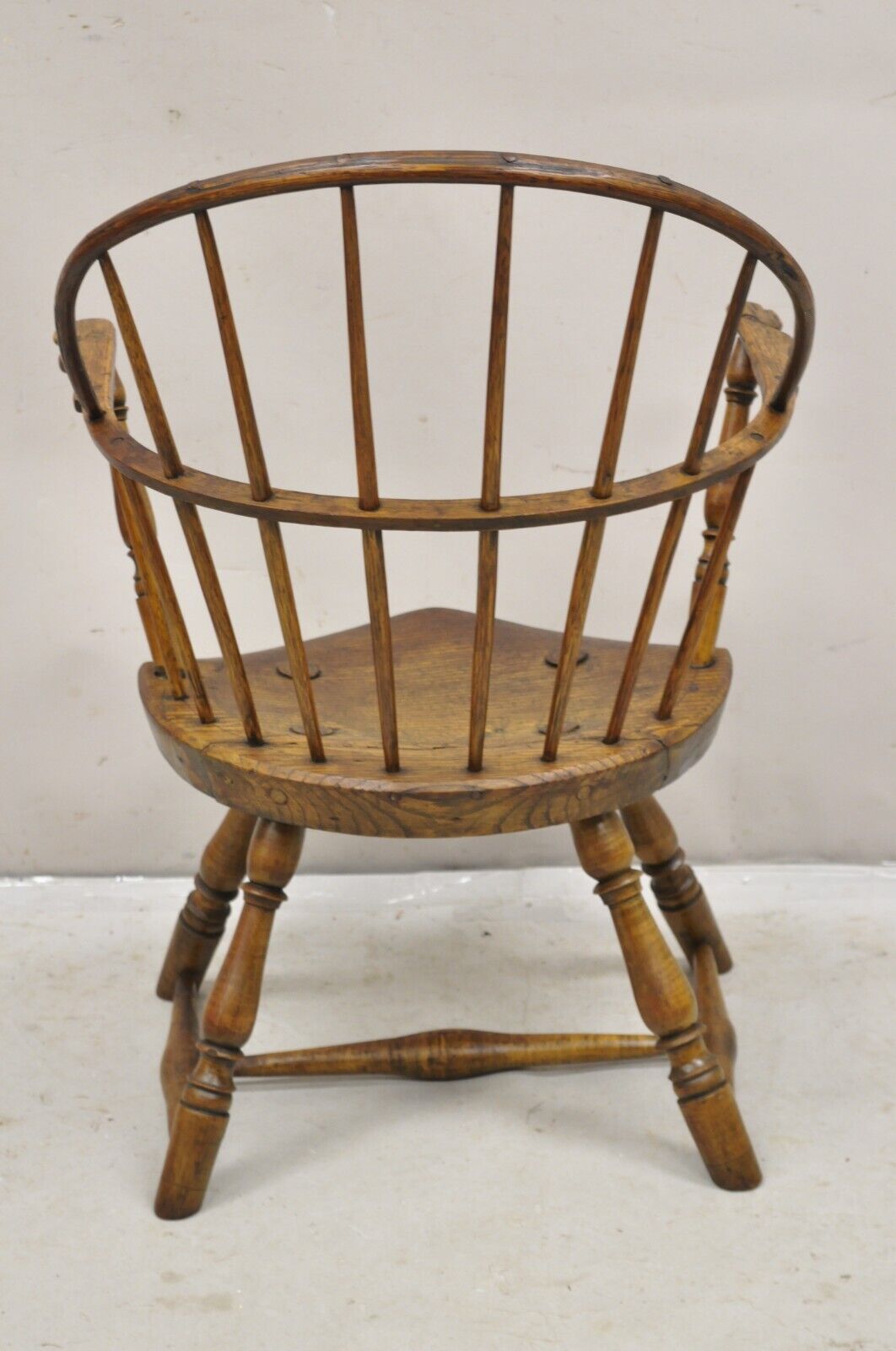 Antique 19th C Chestnut & Oak Wood Primitive Small Bowed Windsor Arm Chair