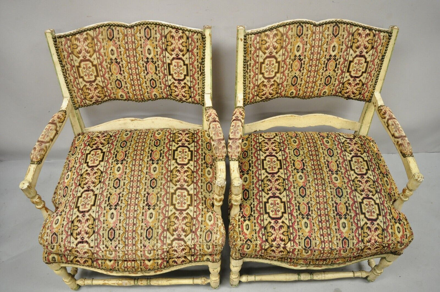 Vintage French Provincial Cream Distress Painted Lounge Arm Chairs and Ottoman