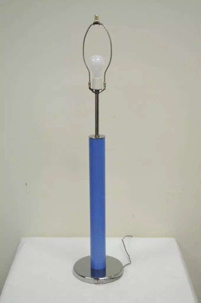 Vintage Mid Century Modern Modernist Blue Cylinder Chrome Table Lamp