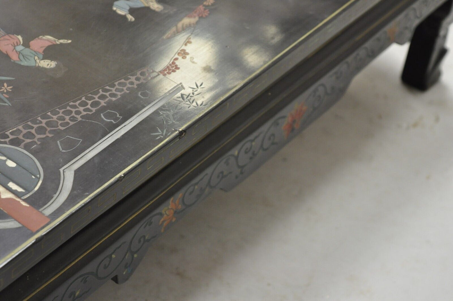 Vintage Chinese Oriental Black Lacquer Hand Painted Low Asian Side Table