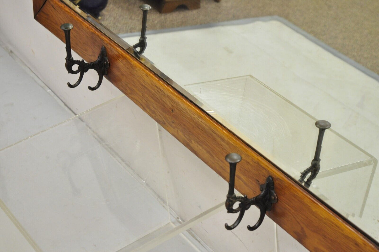 Antique Mission Arts & Crafts Oak Wood Beveled Glass Hall Mirror Iron Coat Hooks