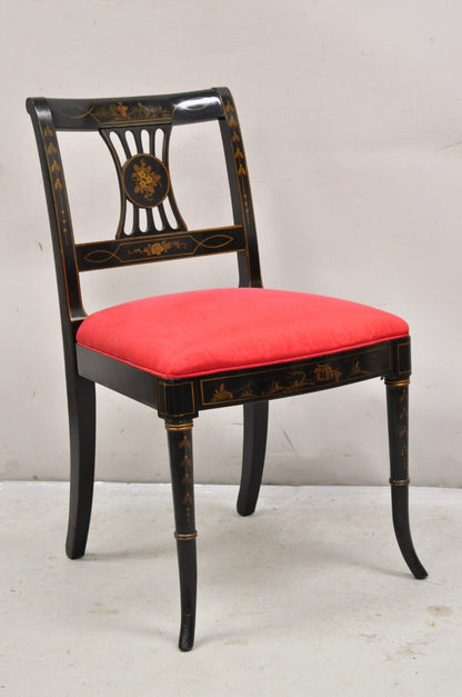 Vintage Chinoiserie English Regency Style Black Painted Dining Chairs - Set of 6