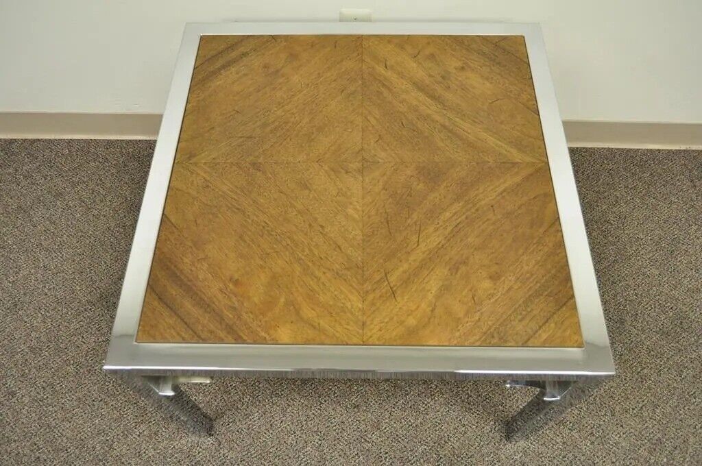 Vintage Mid Century Modern Chrome Fretwork & Walnut Square Side Table