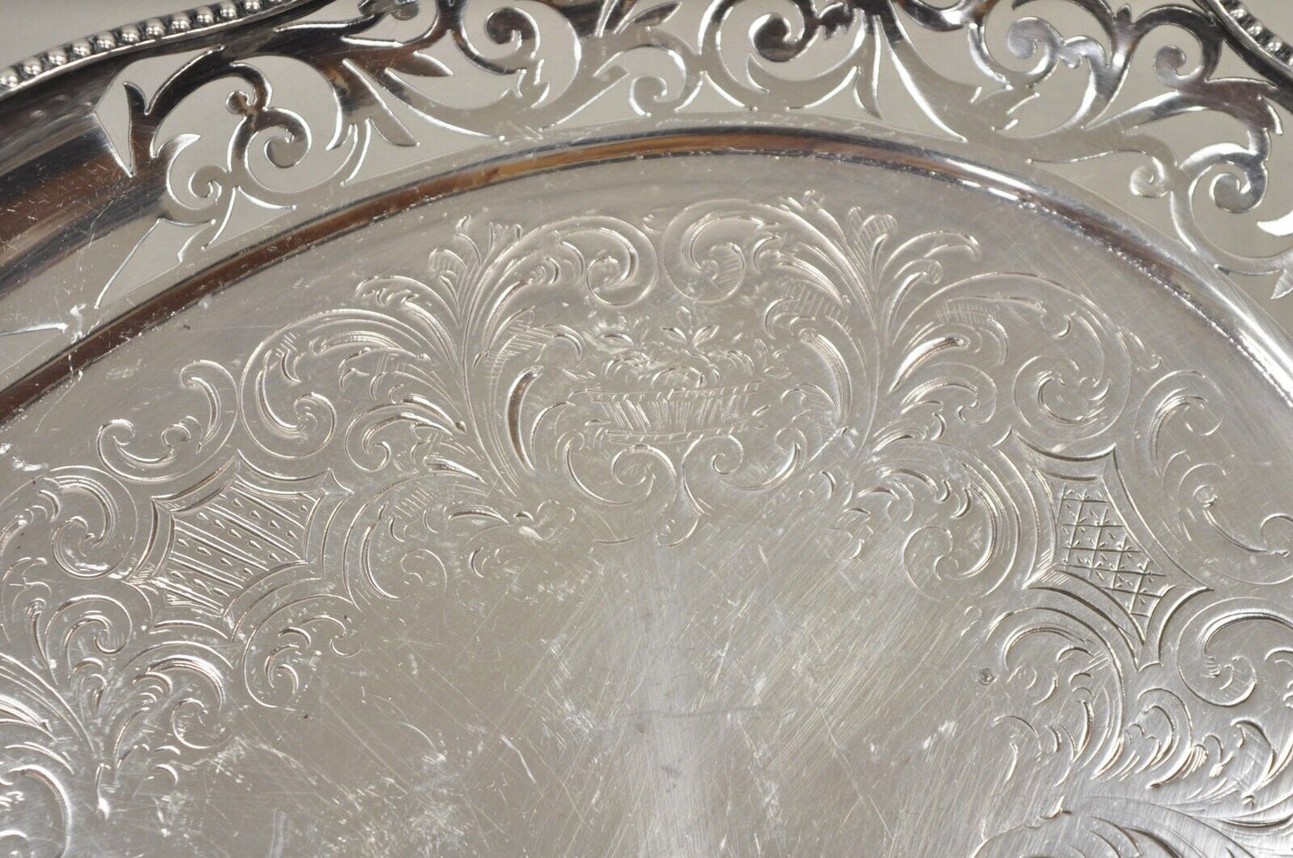 Antique Victorian Silver Plated Reticulated Scroll Gallery Small Oval Tray