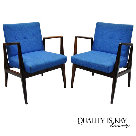 Vintage Jens Risom Rosewood Mid Century Modern Blue Fabric Lounge Chairs - Pair