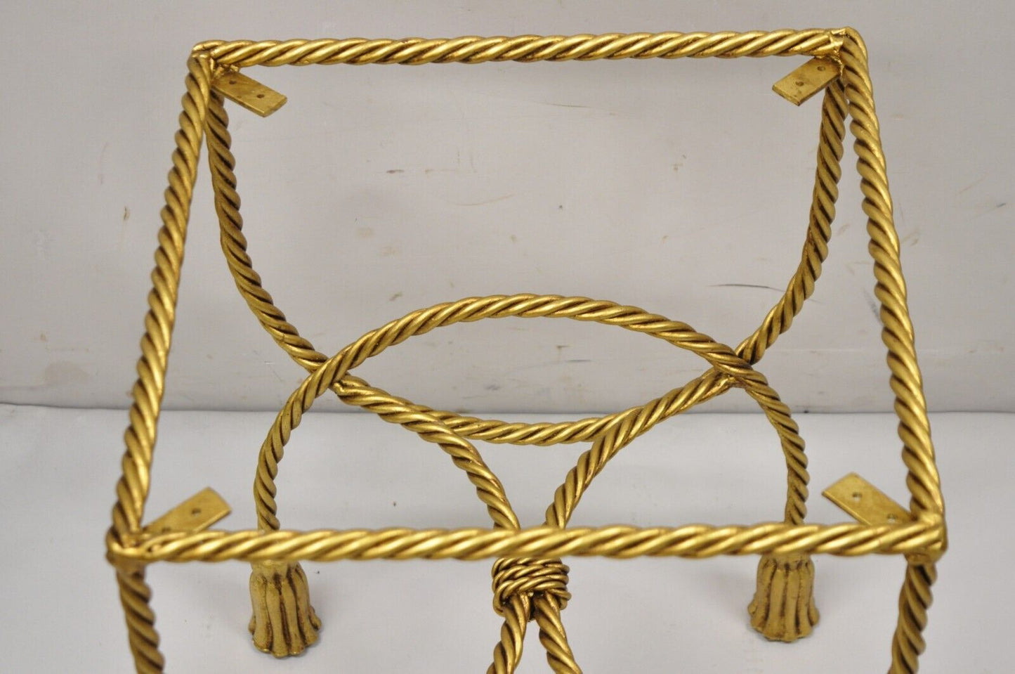 Italian Hollywood Regency Gold Gilt Iron Rope Tassel 20" Vanity Stool Side Table