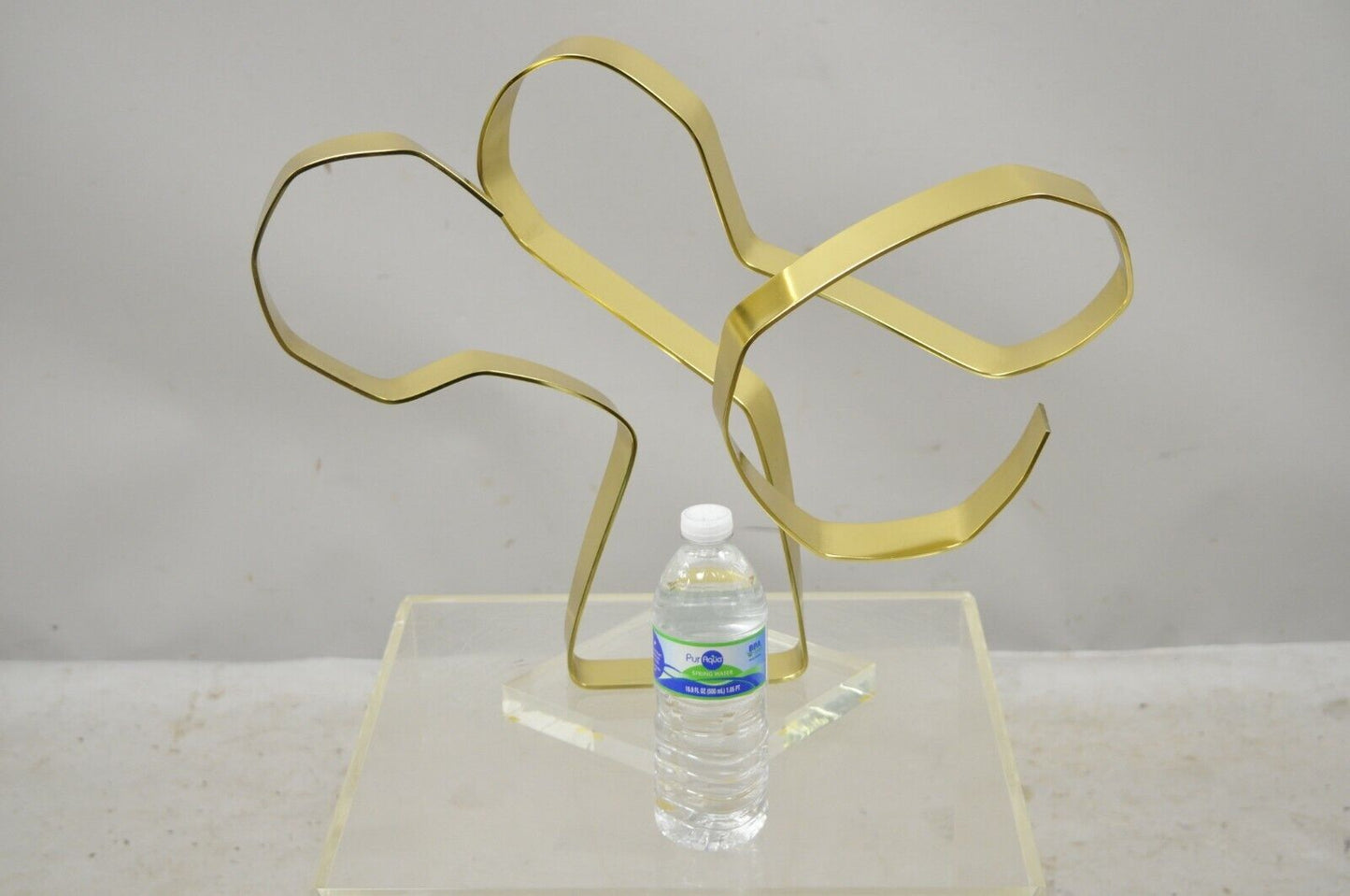 Vintage Dan Murphy 1976 Brass Ribbon Abstract Sculpture on Lucite Base, Signed