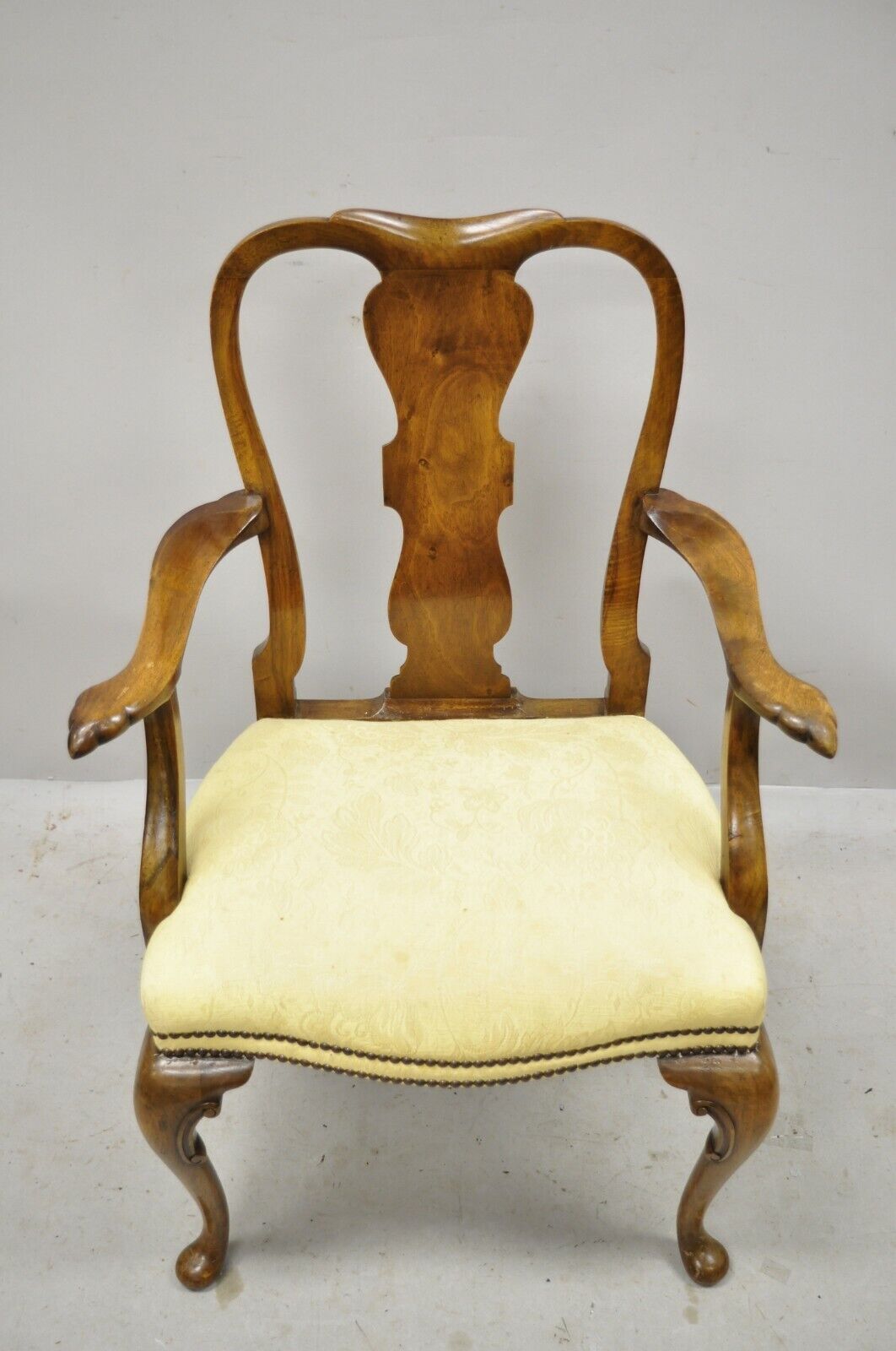 19th Century English Queen Anne Carved Burr Walnut Splat Back Dining Arm Chair