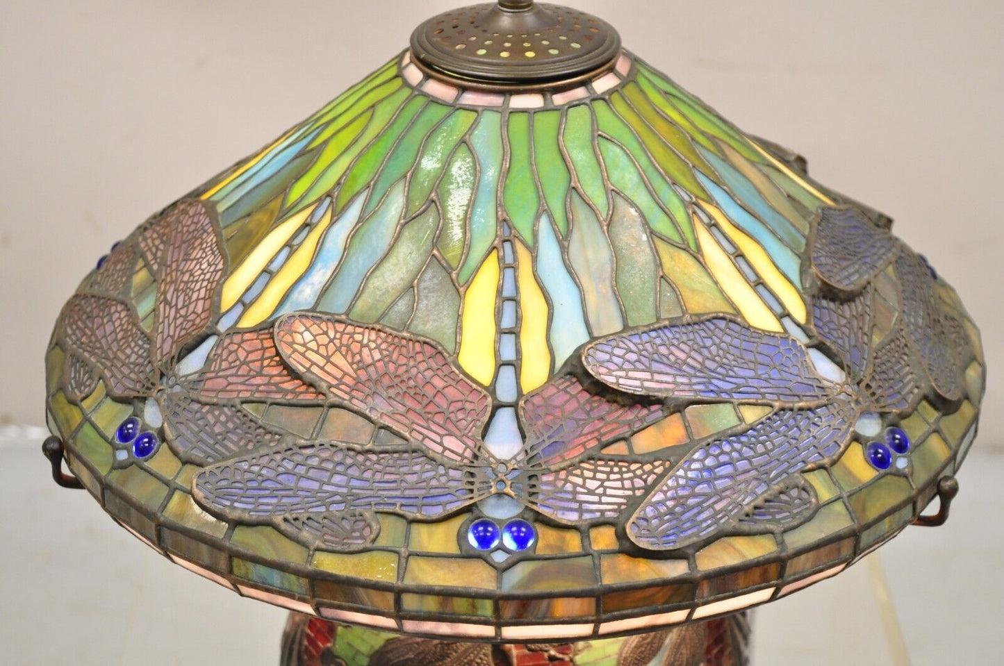 Tiffany Style Bronze and Leaded Stained Glass Blue Eye Dragonfly Table Lamp