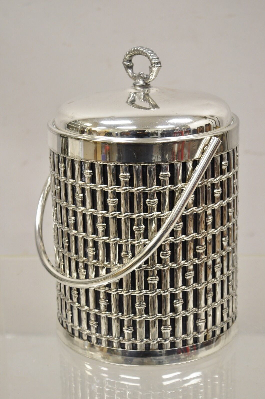 Vintage Hollywood Regency Faux Bamboo Silver Plated Lidded Ice Bucket