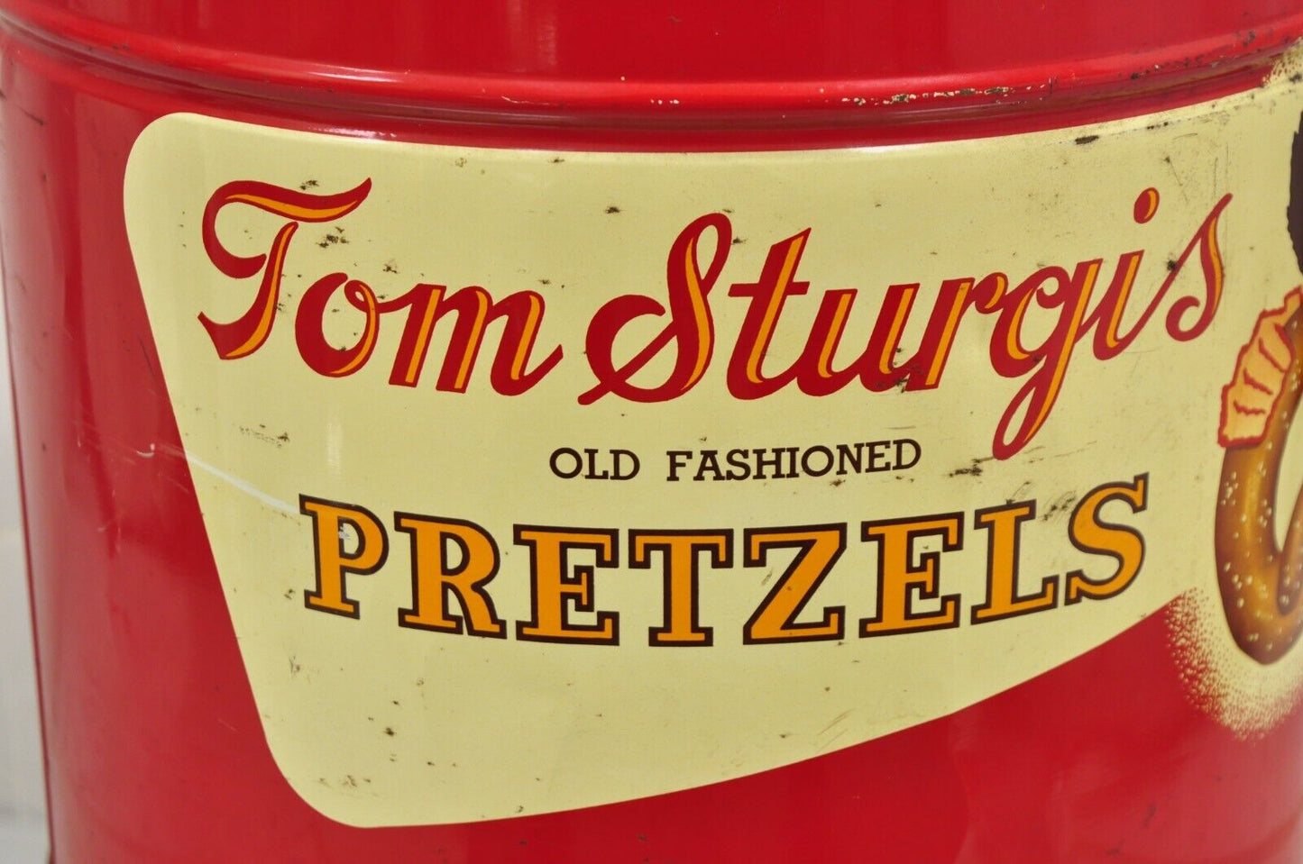 Vintage Tom Sturgis Pretzels Large Tin Metal Red Advertising Can