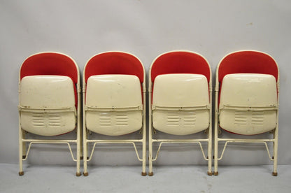 Vintage American Seating Metal Frame Red Upholstered Folding Chairs - Set of 4