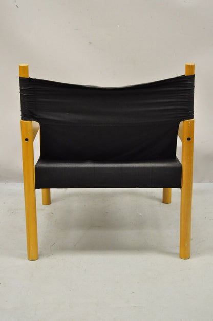 Vintage Scandinavian Modern Birch Wood Lounge Chair with Black Canvas Seat