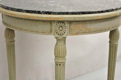 Antique French Louis XVI Style Green Distress Paint Round Marble Top Side Table