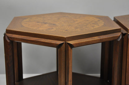 John Keal Brown Saltman Burl Wood Hexagon Mid Century Modern Side Table Set of 3