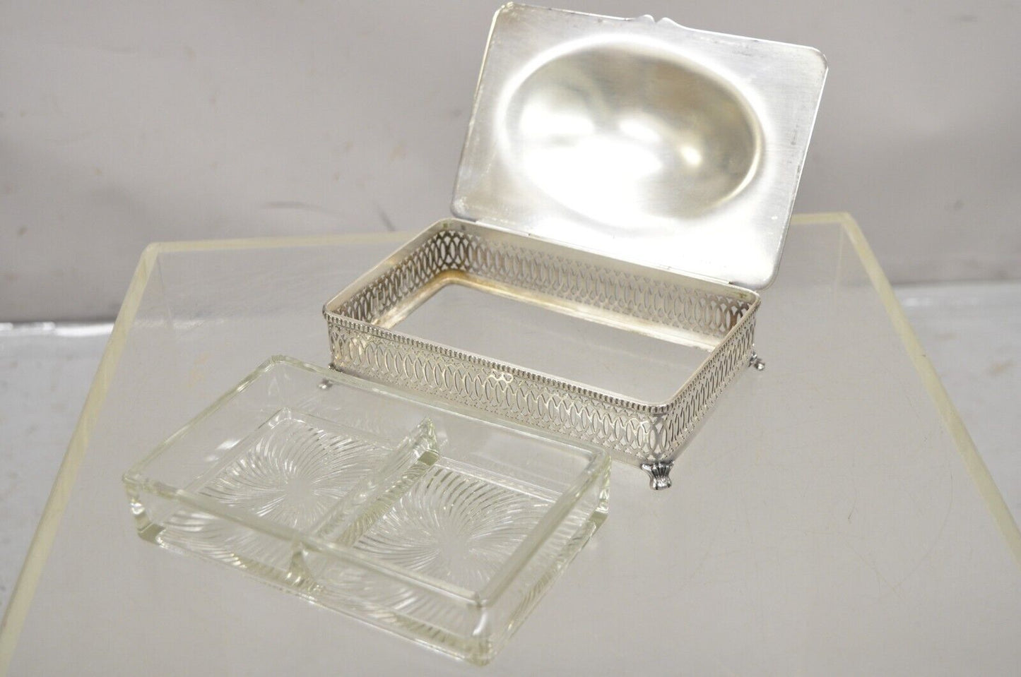 Vintage Crescent Pierced Fretwork Silver Plated Hinged Box Sectioned Glass Liner