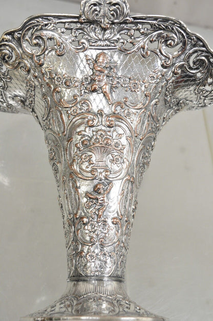 Antique English Victorian Repousse Silver Plated Cherub Vase Brides Basket