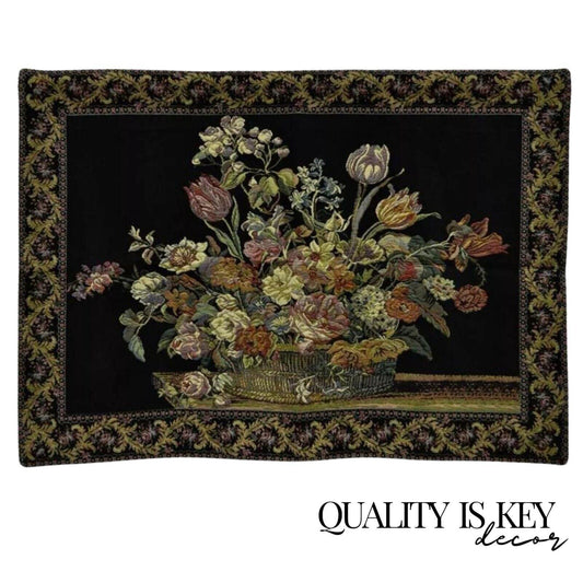 51" x 36" French Wall Hanging Tapestry Jacquard Acanthus Floral Still Life Black