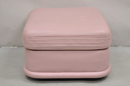 Vintage Post Modern Emerson Leather Bubblegum Pink Stitched Square Ottoman Stool