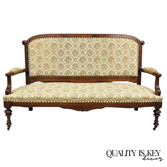 Antique Eastlake Victorian Carved Walnut Floral Upholstered Parlor Sofa Loveseat