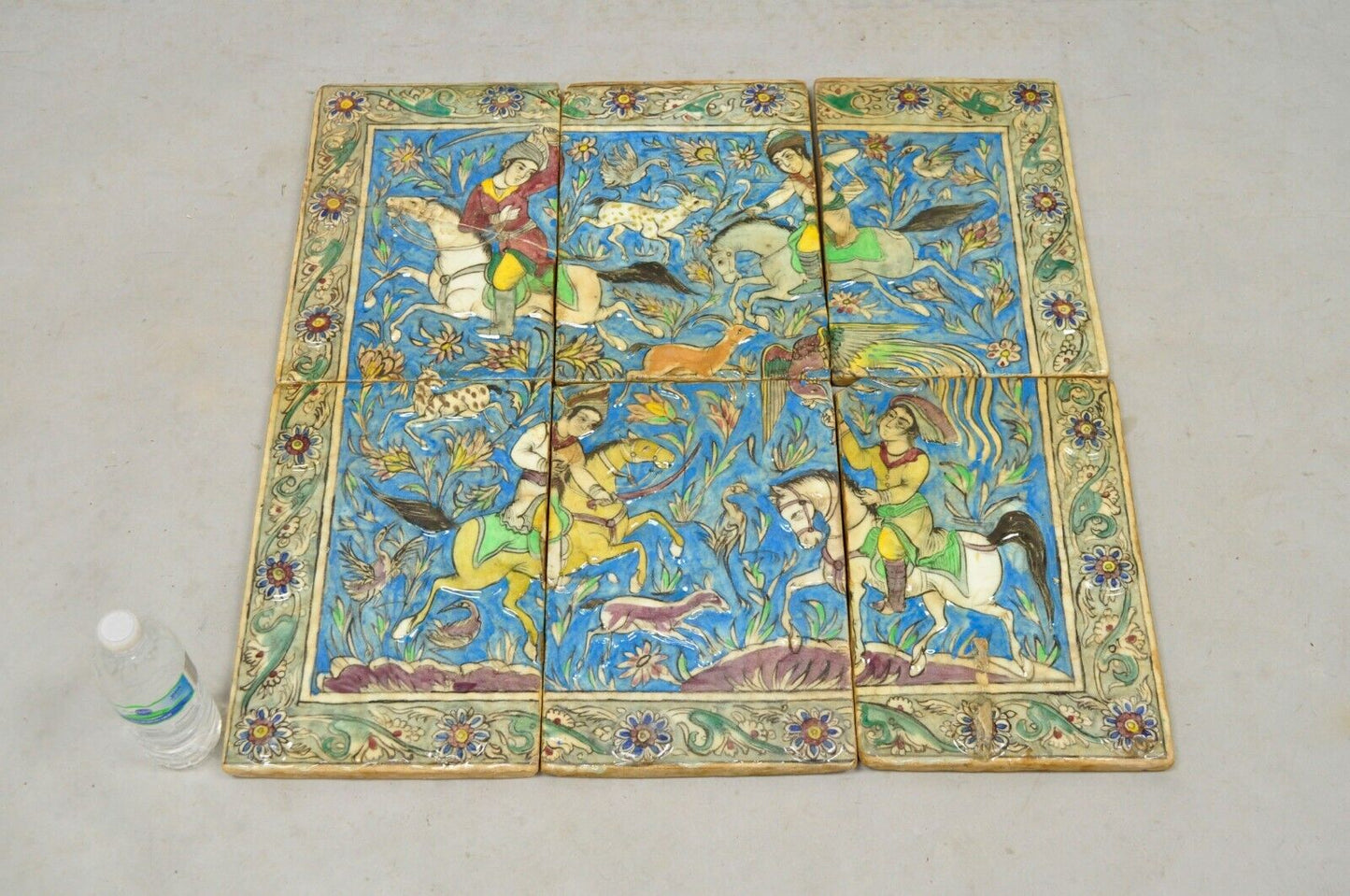 Antique Persian Iznik Qajar Style Ceramic Pottery Tile Mosaic Hunt Scene 6 Pc C7