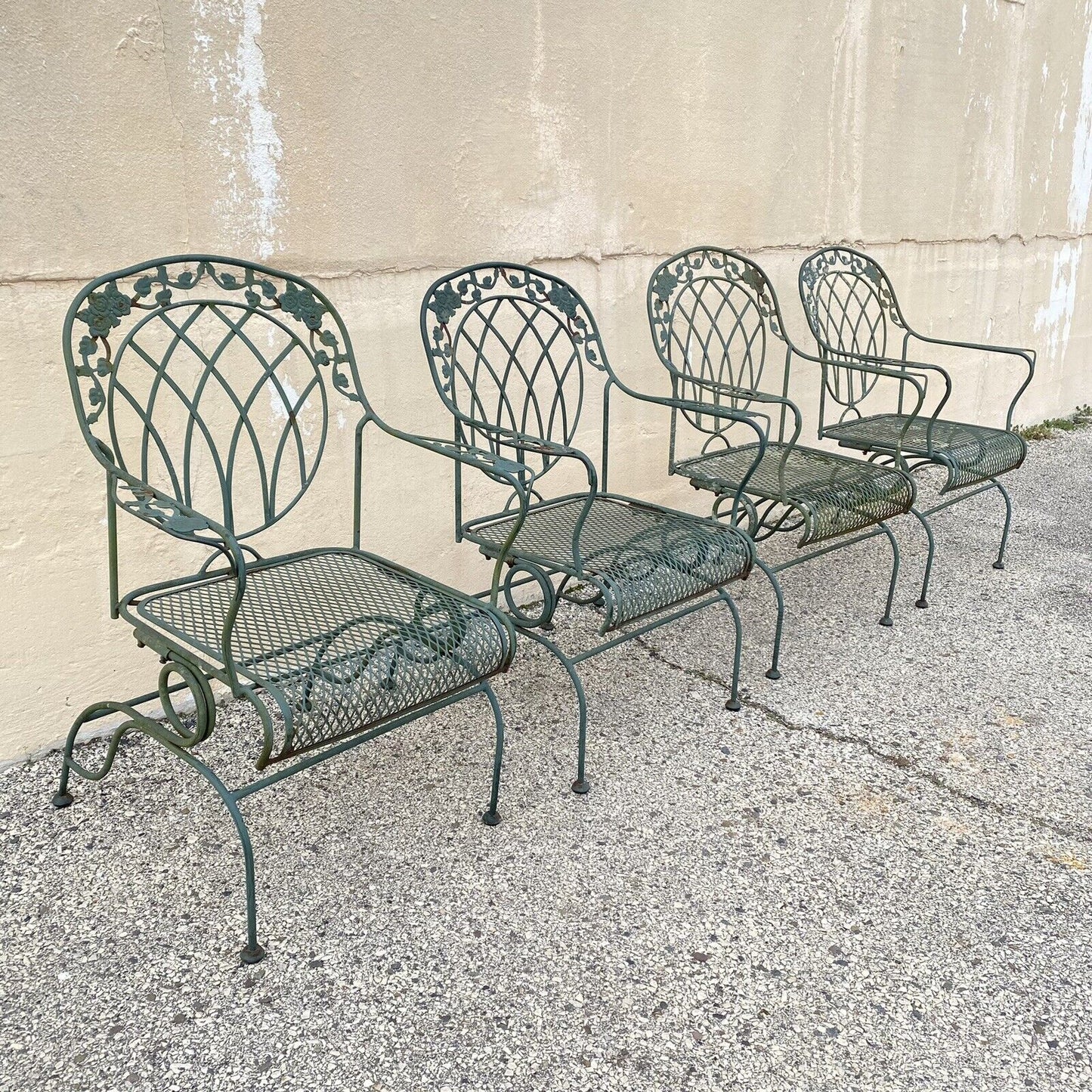 Wrought Iron Green Woodard Rose Style Garden Patio Springer Chairs - Set of 4