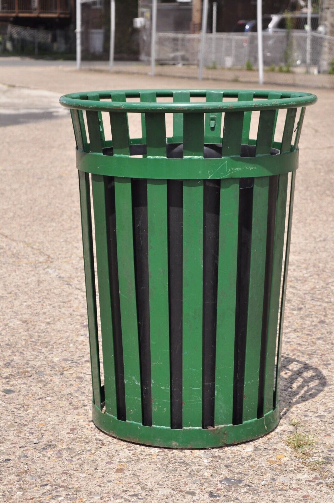 Outdoor Slatted Steel Metal Green Park Trash Can & Liner - 24 Gallon