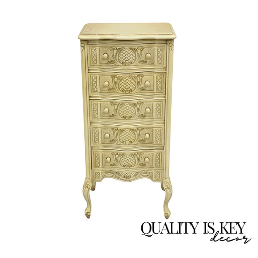 Vintage French Country Provincial Style Cream Painted 5 Drawer Chest Nightstand