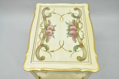 Vintage French Country Provincial Style Floral Painted Cream 1 Drawer End Table