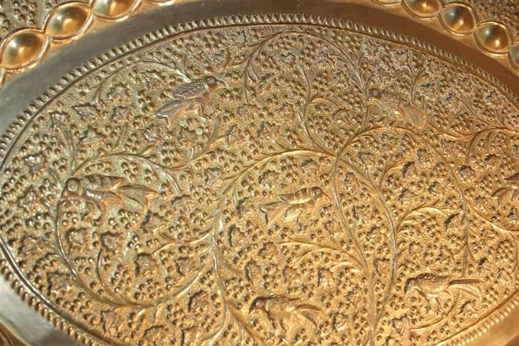 Vintage Moroccan Brass Bird Embossed Oval Tray Folding Small Coffee Table