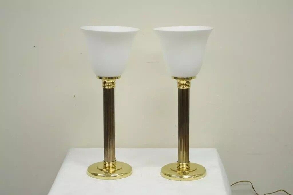 Vintage Brass & Glass Fluted Column Hollywood Regency Empire Table Lamps - Pair