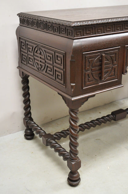 Antique Jacobean William and Mary Greek Key Carved Mahogany 3 Drawer Desk