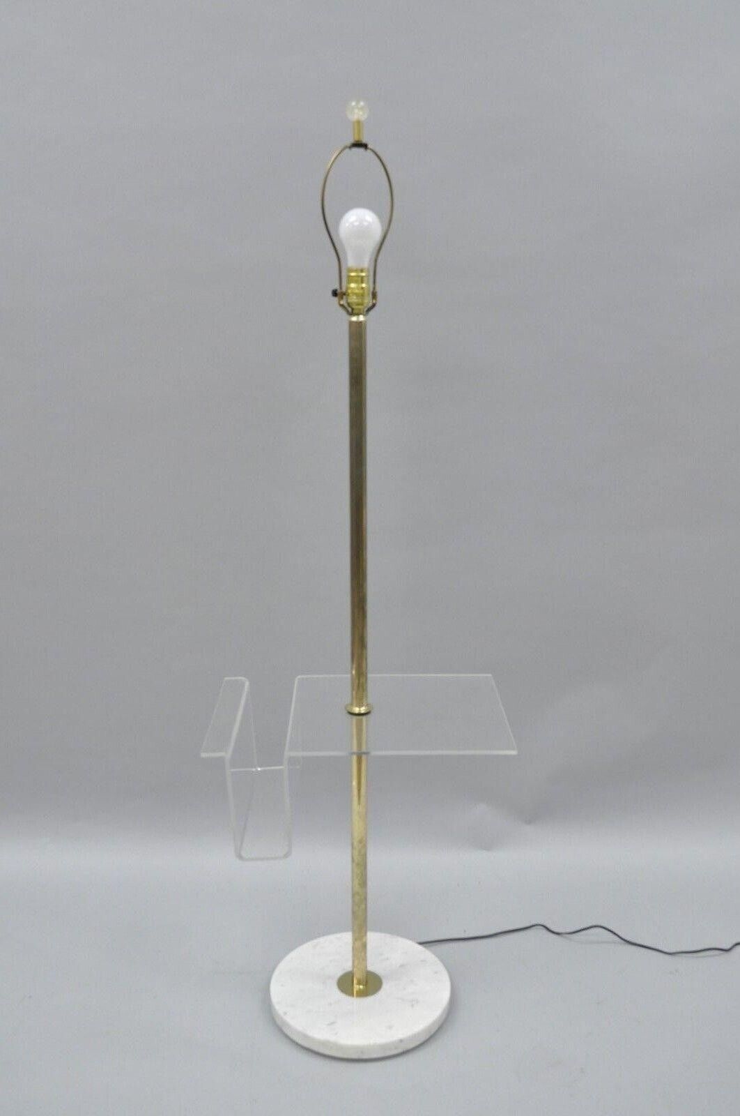 Vintage Mid Century Modern Brass Lucite Marble Floor Lamp w Magazine Table Rack