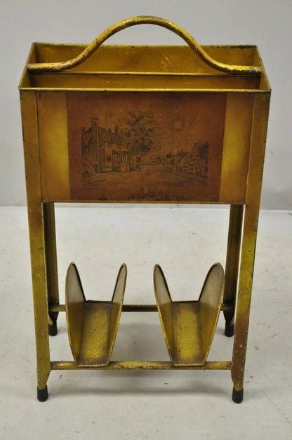 Antique Italian Metal Yellow Toleware Magazine Rack Stand Envelope Letter Shelf