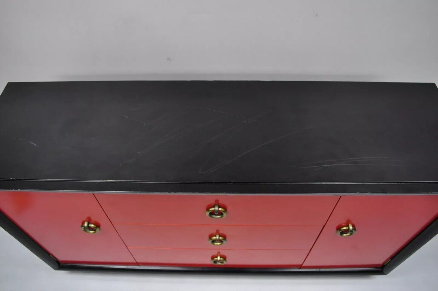 Mid Century Modern Art Deco Black and Red Credenza Cabinet Sideboard by Harjer