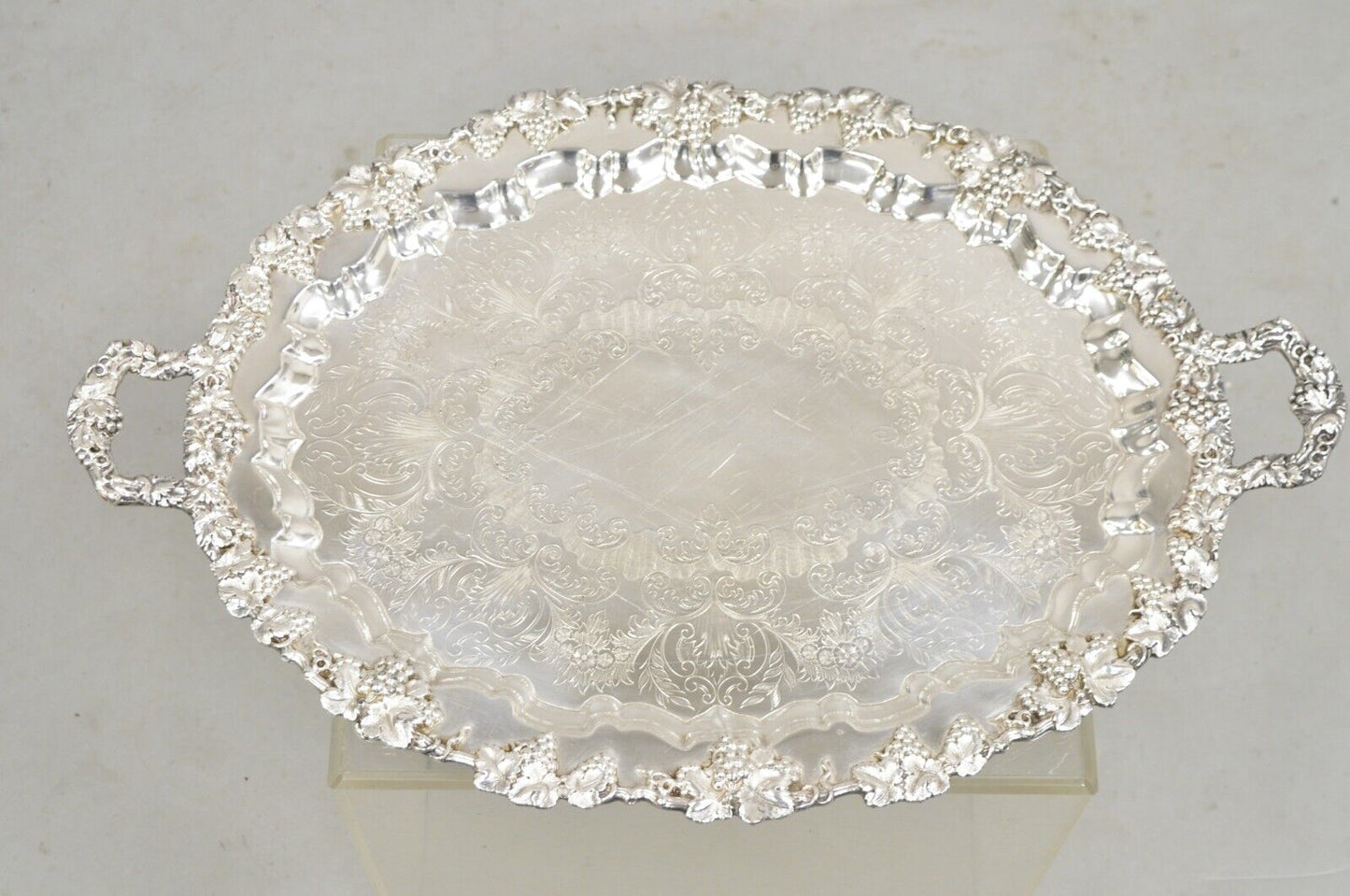 Antique English Sheffield Victorian Grapevine Repousse Oval Serving Platter Tray