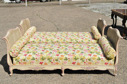 Vintage French Louis XV Style Pink & Cream Painted Cane Bed Daybeds - a Pair