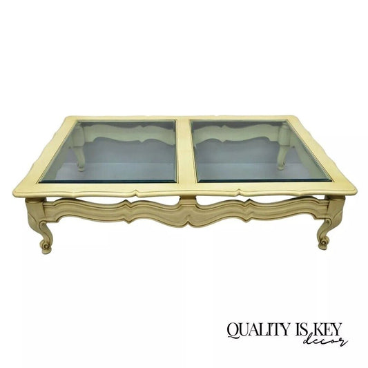 Vintage French Provincial Style Beveled Glass Cream Painted Large Coffee Table